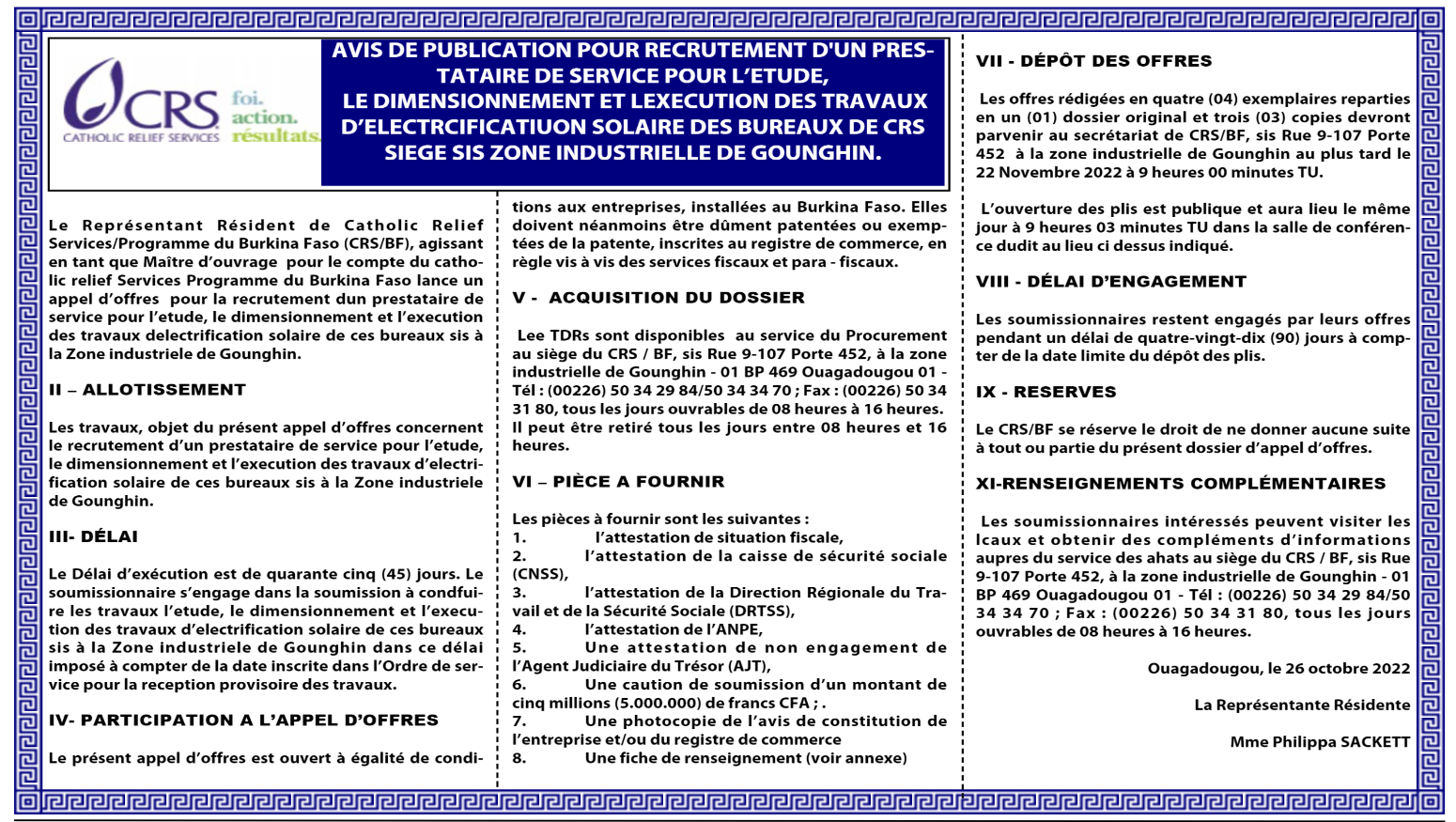 Recrutement de 01 prestataire pour les travaux d'électrification solaire des bureaux de CRS siège
